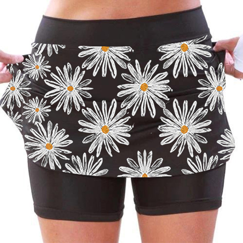 Mittelhohe Jogginghose mit Gänseblümchen-Print für Damen mit Seitentaschen