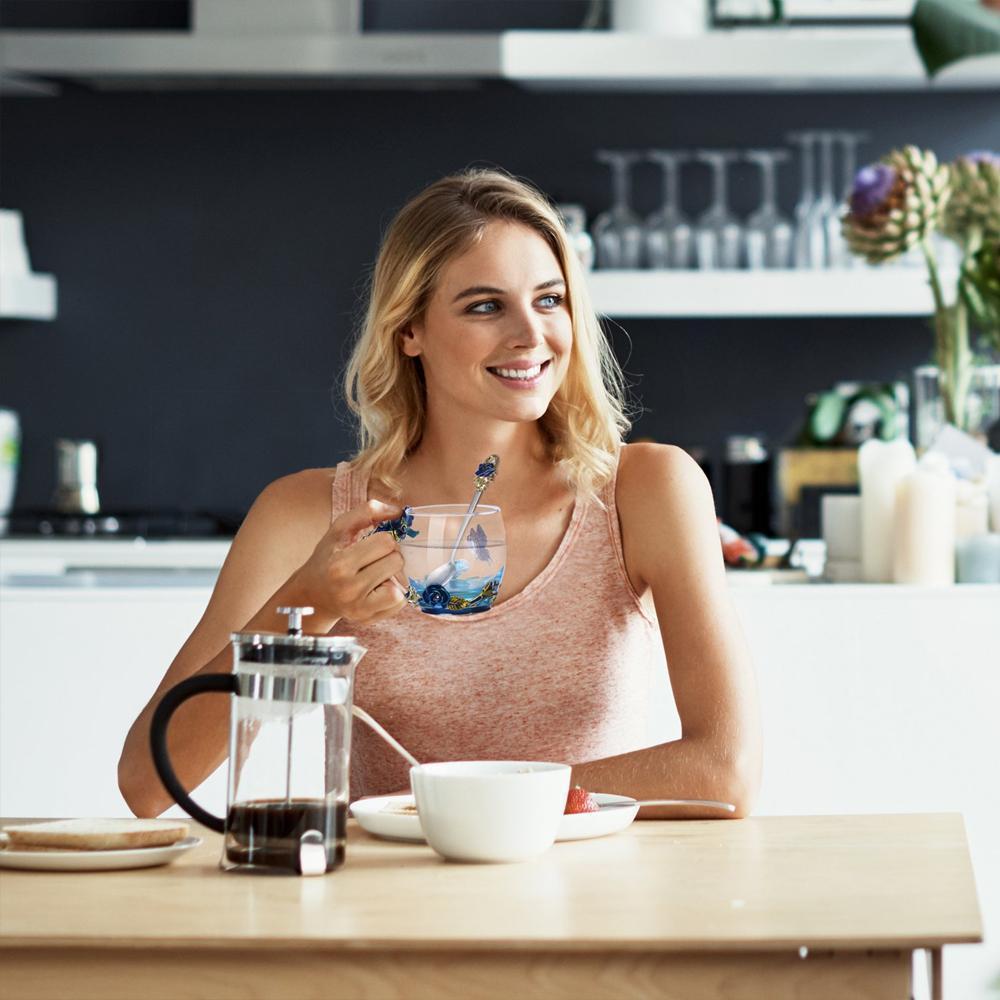 Handgemachte 3D Emaille Blumen Glas Kaffeetasse mit Löffel